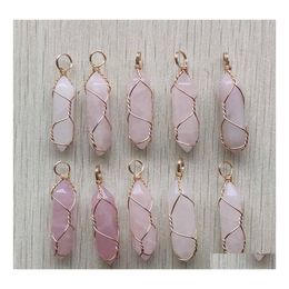 Charms Gold Wire Wrapped Rose Quartz Hexagon Pendum Chakra Pendant Healing Pink Crystal Stone Hangings Fashion Jewellery Making Drop D Dhka2