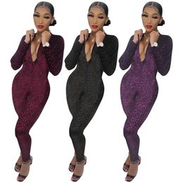 Velvet Jumpsuits Women 3D Leopard Burnt Out Long Sleeve Zip Up Bodycon One-piece Playsuit for Party Club Wear Ladies Winter Clothes