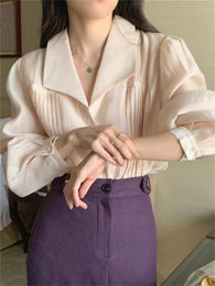 Women's Blouses HziriP Elegant Champagne Shirts Office Lady Women 2022 Fashion Spring Femme Streetwear Loose Notched OL Work Wear Tops