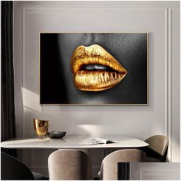 Paintings Golden Lips Painting Canvas Prints Sexy Woman Mouth Wall Pictures For Living Room Modern Home Decor Black Sliver Cuadros D Dhtbd