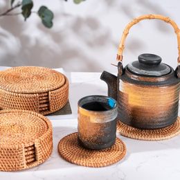 Table Mats Rattan Coasters With Holder Storage Box Handmade Tea Cup Round Edge For Kitchen Drinks Crafts TS1