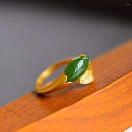 Кластерные кольца Hetian Jade Corse Eye Sun Green Полноцветный S925 Серебряное серебро древнее золото инкрустированное кольцо дизайн модный