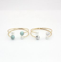 Bangle 2022 Imitation Pearl White Green Stone Simple Copper Cute Ball Double Conjoined Cuff Bracelets & Bangles