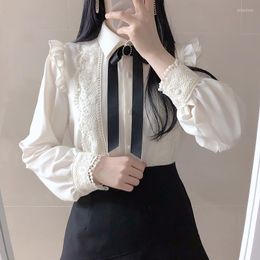 Women's Blouses Sweet Lace Shirt Female Autumn Ribbon Bowtie Collar Chiffon White Brand 2022 Women Long Sleeve Blouse Chemise Blusa