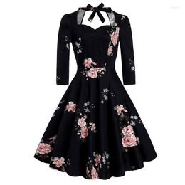 Casual Dresses Elegant Floral Retro Midi Summer Women V Neck 3/4 Sleeve Sexy Backless Black Party Vintage A Line Big Swing Skater Dress