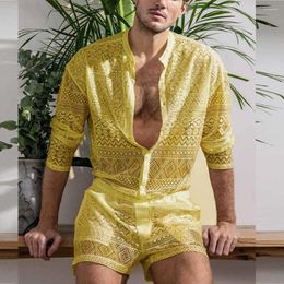 Gym Clothing Male 1 Set Trendy Cut-out Crochet Outfit Autumn Shirt Shorts Openwork For Valentines Day