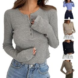 Women's T Shirts Women Fashion Long Sleeve Pullover Crop Top Knitted Solid Color O-Neck Button Down Lettuce Slim Fitted T-Shirts Blouse P8DB