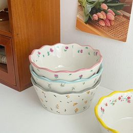 Bowls Fresh Pastoral Small Broken Flower Ceramic Bowl Ins Vintage Lace Salad Fruit Thickened Lovely Soup Rice Complimentary Spoon