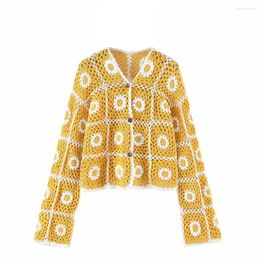 Women's Knits Cropped Knit Cardigan Sun Protection Sweater Crochet Jersey Mesh Fabric Outerwear Handmade Sunflower Knitted Hollow Out Coat