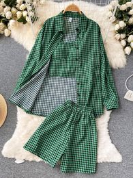 Women's Tracksuits Women 3 Pieces Set Houndstooth Plain Green/Black/Orange Turn-Down Collar Single Breasted Blouse Strap Camis Shorts Suits