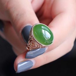 Cluster Rings Natural Hetian Jade Green Ring Female Sterling Silver Rose Gold Open Index Finger Mother's Day Gift Jewelry