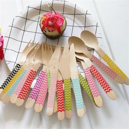 Dinnerware Sets 12pcs Wooden Fork Knife Spoon Colorful Wavy Printed Birch Picnic Disposable Tableware Modern Birthday Party Supplies