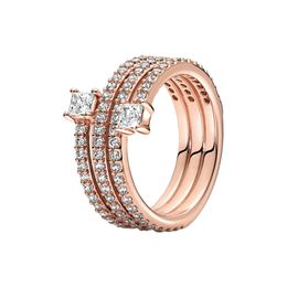 18K Rose Gold Triple Spiral RING with Original Box for Pandora Authentic Sterling Silver Wedding Jewelry For Women Girls CZ Diamond Girlfriend Engagement Rings