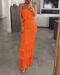 Casual Dresses 2022 Autumn Bandeau Shirred Ruffle Hem Layered Dress Off Shoulder Sleeveless Midi Bodycon Long Sexy Solid Color Robes