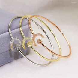 Bangle Rhinestone Rose Gold Silver Color Fashion Simple Sparkling Star Moon Opening Bracelet For Women Jewelry Gift