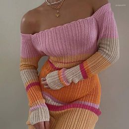 Casual Dresses Off Shoulder Knitted Sweater For Women 2022 Autumn Winter Long Sleeve Striped Y2K Maxi Dress