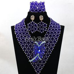 Necklace Earrings Set Fashion African Wedding Bridal Bib Nigerian Costume Crystal Beads Jewellery Royal Blue ALJ390