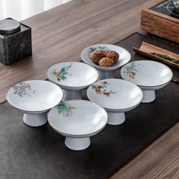 Plates Golden Stroke Tall Feet Ceramic Snack Plate Chinese Modern Round Flower Painting Dried Fruits Dishes Fruit Bowl Home Decoration