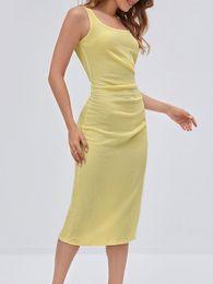 Casual Dresses Summer Chiffon Sheath Folds Strap Midi Dress Women Elastic Skinny Sexy Dess Female Temperament Wrap Beach 2022