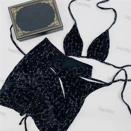 Full Letter Print Bikinis Women Fashion Velvet Swimwear Elastic Water Sports Wear Lady Sexy Three Piece Beachwear323y