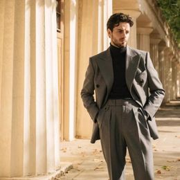 Men's Suits Tailored Men's Set Outfits Wear Coat Custom Made Wedding Peaked Lapel Burgundy Grey Blazer Trousers 2Pcs Jacket Pants