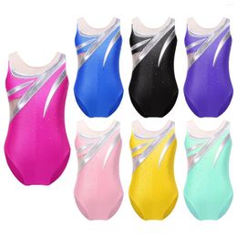 Stage Wear Kids Girls Shiny Ballet Dance Leotards Sleeveless Round Neck Patchwork Gymnastic Figure Skating Ballerina Dancewear