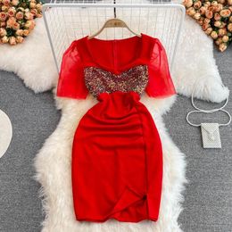 Party Dresses Sexy Sequins Glitter Mini Dress Women Fashion Summer Mesh Patchwork Short Sleeve Square Collar Slim Bodycon Club