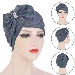 Ethnic Clothing 2022 Multicolor Glitter Bowknot Fashion Turban Hat Cross Forehead Big Bow Diamond-studded Turbans For Women Headwrap Muslim