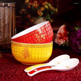 Bowls 2PCS/Lot Jingdezhen Ceramic Bowl Soup Spoon Bone China Rice Dinnerware Home Tableware Auspicious Red For Lucky Gifts