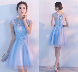 Party Dresses Sweet Lace Homecoming Sheer Short Sleeve Jewel Light Sky Blue Mini Prom Graduation Dress Juniors Foraml Gowns