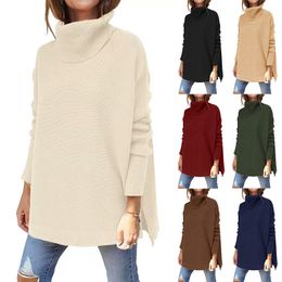 Women's Turtleneck Oversized Sweaters 2022 Fall Long Batwing Sleeve Spilt Hem Tunic Pullover Sweater Knit Tops 2212181