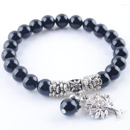 Strand Natural Stone Stretch Bracelets Black Quartz Round Beads Bangle Healing Reiki Tree Of Life Charm Women Man Jewellery TK3214