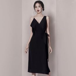 Casual Dresses Summer V Neck Solid Fashion Pink Mid-Length Women Party Dress Simple Sheath Burgundy Beading Sleeveless Backless Office