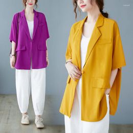 Ternos femininos Summer Summer Color Solic Suites Casaco de manga curta um botão de um botão solto Blazer de comprimento médio Camisa de proteção solar Tops ZH1485