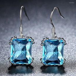 Dangle Earrings Aquamarine Blue Crystal Gemstones Drop For Women Square Diamonds White Gold Silver Color Pendientes Jewelry Bijoux Gift