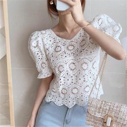 Women's Blouses Korean Style Chic Elegant Blouse White Shirt Puff Sleeve Crop Top Women Lace Designer Blusa Feminina Boho Clothing