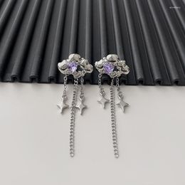 Backs Earrings Korean Style Sweet Flower Purple Rhinestone Peach Love Heart Clip On For Women Cross Star Tassel Party Jewellery
