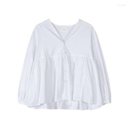 Women's Blouses PERHAPS U Women Beige White V-neck Lantern Sleeve Long Loose Solid Pleated Blouse Shirt Spring Summer B0498