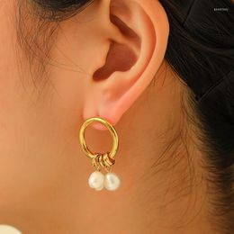 Stud Earrings 2022 Trendy Natural Pearl Earring For Women Jewellery Metallic Geometric Circle 925 Silver Needle Drop Accessories