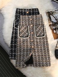 Skirts Classic Woollen Plaid Women Wrap Pockets 2022 High Waist Single Breasted Sheath Pencil Midi Female Autumn Winter