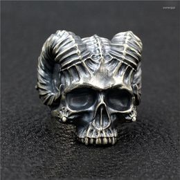 Cluster Rings 925 Sterling Silver High Detail Satan's Horn Skull Ring Mens Biker Punk Jewelry A5325