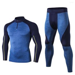 Gym Clothing Men's Quick Dry Fitness Suit High Stretch Tight Training Long Sleeve T-shirt Tracksuit Trousers Two Pieces Set Blue