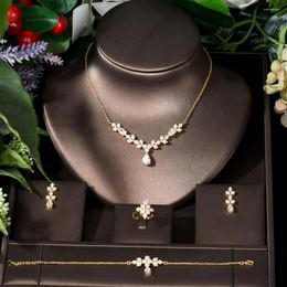 Necklace Earrings Set Fashion 4Pcs Leaf Water Drop Saudi Arabia For Women Wedding Cubic Zircon Crystal Aretes De Mujer Modernos N-665