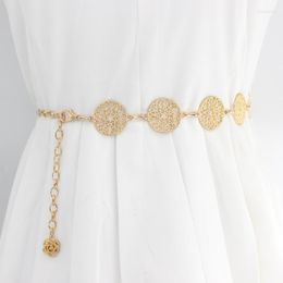 Belts Elegant Round Metal Belt For Women Retro Gold Silver Carved Hollow Out Chain Long Fashion Dress Decorative Lady Waistband