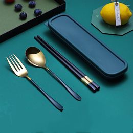 Dinnerware Sets 3/4 Pcs Stainless Steel Cutlery Set Flat Handle Fork Spoon Non-slip Chopsticks With Box Portable Camping Tableware For