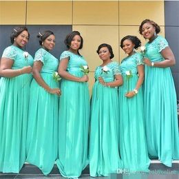 2021 Turquoise Bridesmaid Dresses Short Sleeves Lace Jewel Neck Floor Length Chiffon Ruched Custom Made Plus Size Maid Of Honor Gowns 401 401