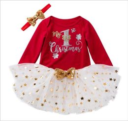 Juegos de ropa para bebés recién nacidos Primeros conjuntos de Navidad impresa letra de manga larga falda tutú y diadema 1st Baby Girl Clothes B3525060