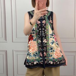 Women's Vests Summer Chinese Style Acetate Fabric Pattern Vest Retro Single-Breasted Exquisite Peony Flower Embroidery Lady Sleeveless Top