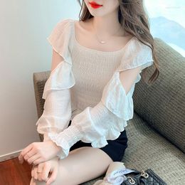 Women's Blouses #7244 Spring Summer Black White Chiffon Blouse Long Sleeve Hollow Out Sexy Short Vintage Ruffles Slash Neck Cold Shoulder