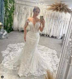 Gorgeous Mermaid Wedding Dresses Bridal Gown Long Sleeves Lace Applique Ruffles Satin Sweep Train Custom Made Beach Country Plus Size Vestido De Novia 403 403